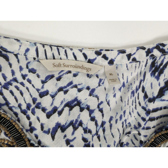 Soft Surroundings XL Blue White Tie Dye Beaded Laced Tie Rayon Tunic - Picture 7 of 10